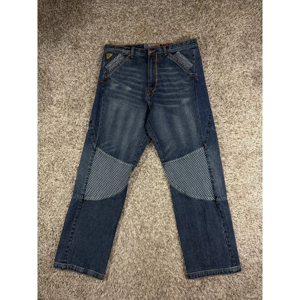 Akademiks Baggy Jeans Y2K Hip Hop Streetwear Skate Denim Checkered Panel Mens 38